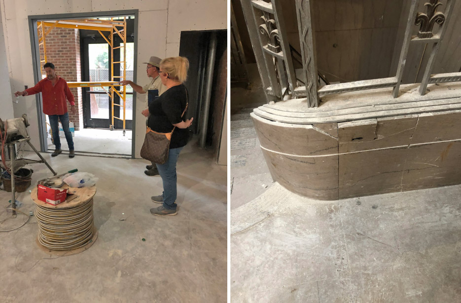 Above, left: Julie of Knoxville Marble Polish meets with (left) Jim Klonaris the owner, and (r) sculptor Bill Cook Jr.  Above, right: The once-grand Tennessee marble knee wall is in dire need of repair and restoration. The aluminum and brass balustrade will also be restored.