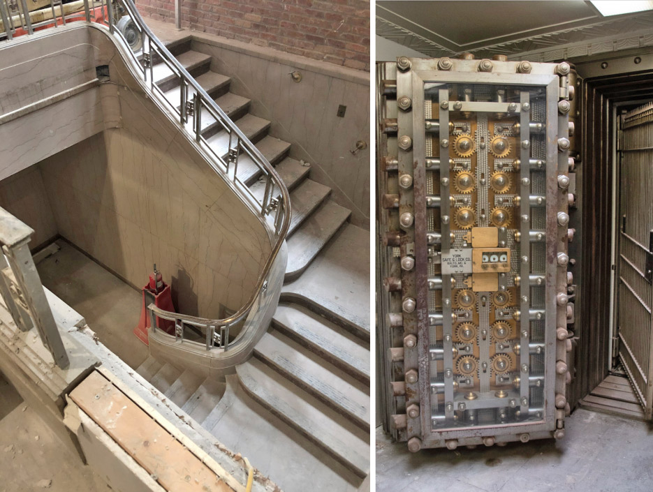 Above, left: This graceful, curving Pink Tennessee stairwell and landing will also be restored.  Above, right: : The original bank vault mechanism has been preserved, and will grace the entrance to “The Vault.”