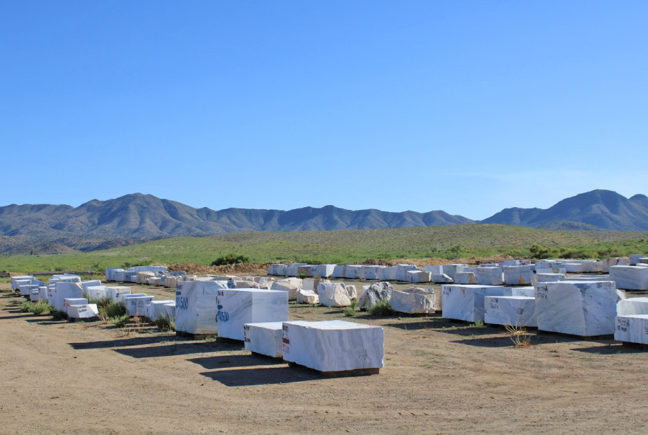 Cochise marble blocks and boulders ready for slicing and polishing.