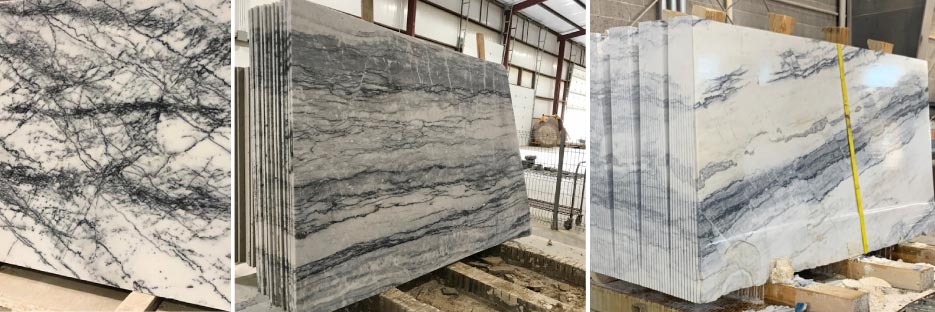 left: Geronimo White marble, polished slab.  Middle: Apache Grey honed slabs.  Right: Apache Select White, polished slabs.