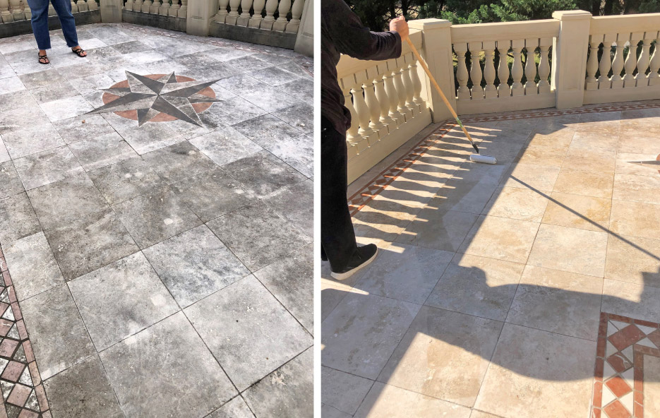 Left: Before cleaning and restoration: exterior travertine porch/balcony with years of organic growth and dirt.     Right: Sealing and enhancing a travertine porch with Akemi Color Intensifier. September and October are typically a perfect time for these kinds of exterior restoration projects.