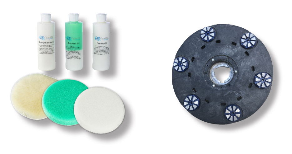 Left: Quartz Renew Pro Kit includes polishes and pads to restore the shine to quartz (engineered) products. Some diamond honing may be required in certain cases before using Quartz Renew.   Right: The new Claw drive plate holds metal-bond diamond wheels affixed by magnets and recesses. Shown are Magnum 46g diamonds.