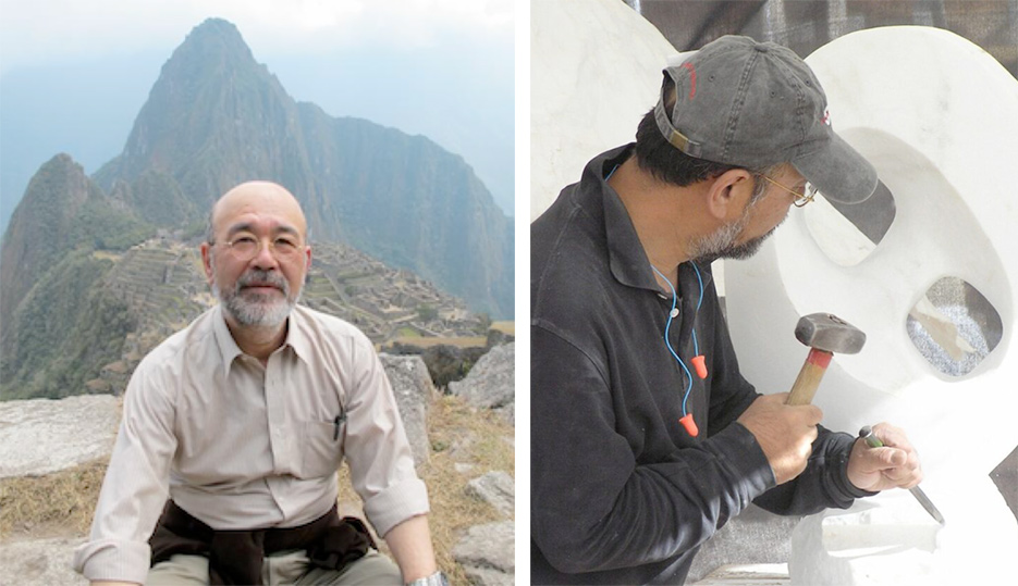 Left: Uchida at the World Hertitage site of Machu Pichu.     Right: Uchida working on a sculpture at the Sax Stone Carving Workshop in Rinconada, New Mexico. Uchida was a frequent guest teacher at the workshop, which celebrated its 30th anniversary this year.