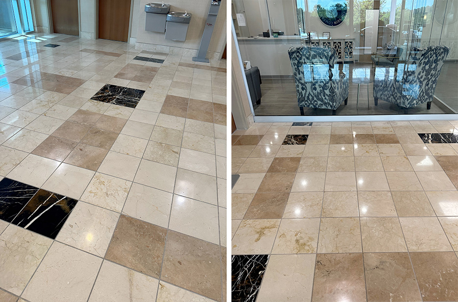 Left: Before restoration, with traffic wear and etching from spills.  Right: Floor after honing with 400 grit TX Triple Thick diamond discs and polishing with Majestic 5X Gold.