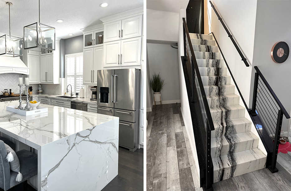 Left: The focal point of this high-end residential kitchen is the mitered porcelain island that doubles as an eat-at counter, kitchen storage and a work space.  Right: Mitered staircase risers and treads showcases Zsolt Granite’s precision fabrication and installation. 