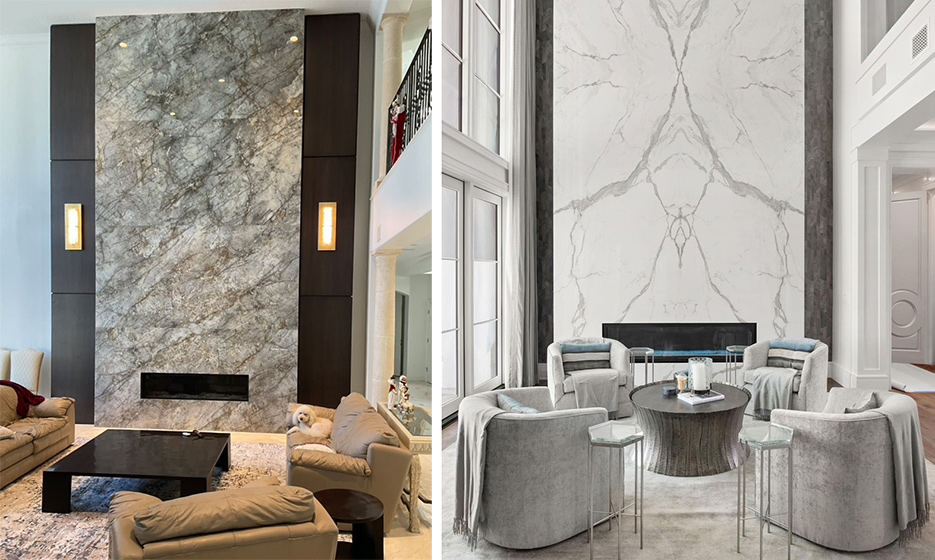 Left: Zsolt Granite used richly-veined porcelain for this floor-to-ceiling gas fireplace facade.     Right: This bookmatched 2-story porcelain fireplace facade adds an elegant and stylish flair to this conversational seating area.